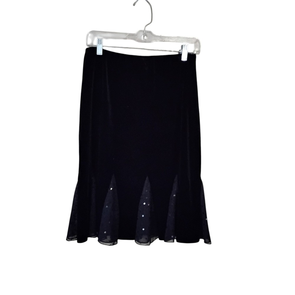 Alex Evenings Black Velvet Sequin Mesh Godet Hem Midi Skirt Medium Formal Event